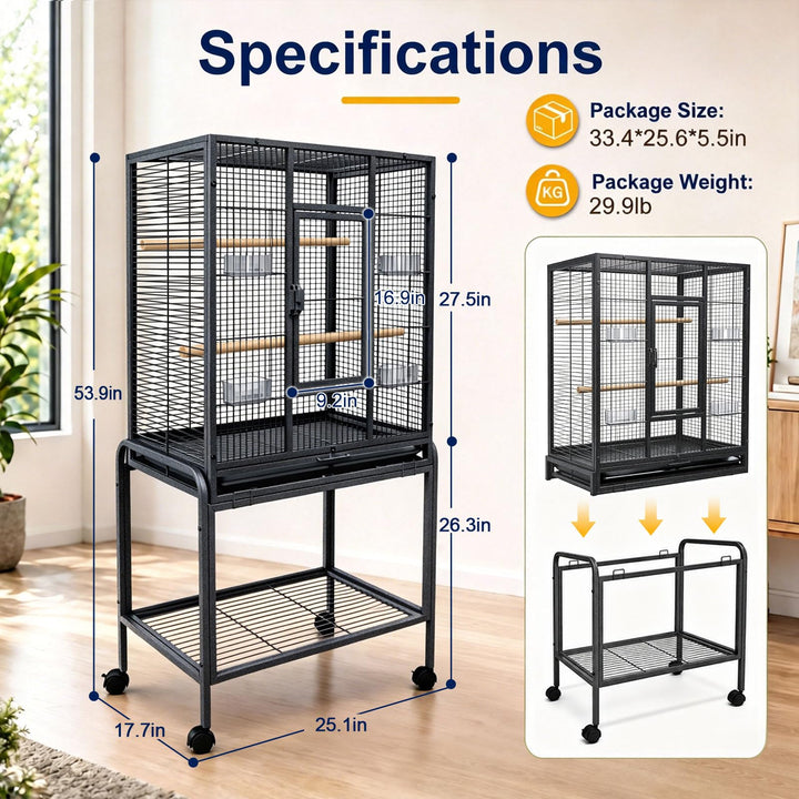 Caetine 54-Inch Bird Cage with Horizontal Wire Design, Wrought Iron Bird Flight Cage with Rolling Stand, and Slide-Out Tray Suitable for Parrot, Cockatiel, Lovebird, Finch, Pigeon.