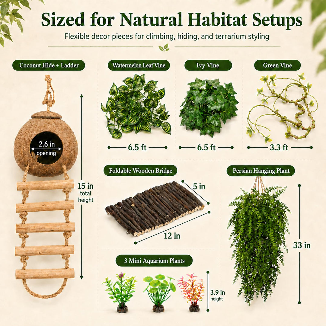 RUNANIA Crested Gecko Tank Accessories，Reptile Vines Plants with Coconut Shell Ladder Hideout Hermit Crab Decor for Leopard Gecko Lizard Chameleon Tortoise Snake Terrarium Decor