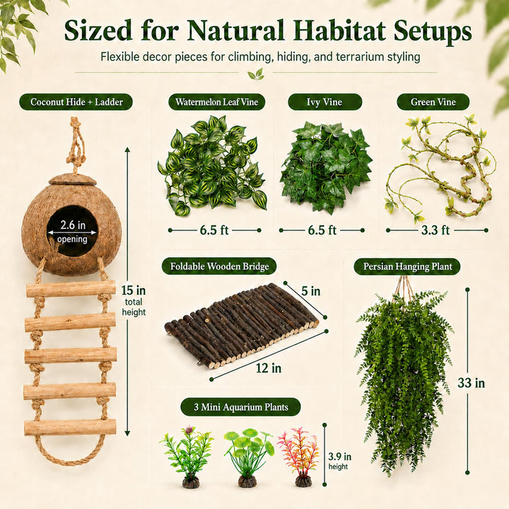RUNANIA Crested Gecko Tank Accessories，Reptile Vines Plants with Coconut Shell Ladder Hideout Hermit Crab Decor for Leopard Gecko Lizard Chameleon Tortoise Snake Terrarium Decor