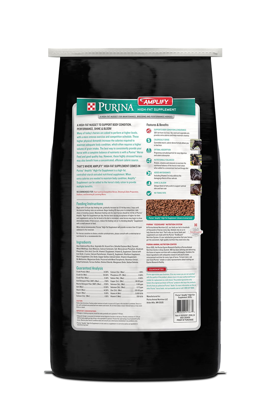Purina, Amplify Equine, High-Fat Horse Supplement for Maintenance, Breeding, &amp; Performance Horses, 50 lbs