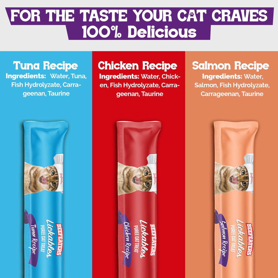 Beefeaters Lickable Cat Treats 48 Count – Puree Squeeze Up Tubes Variety Pack (Salmon, Tuna &amp; Chicken) | Grain Free, Taurine Enriched, High Moisture for Picky Eaters | Cat Treat Topper or Snack