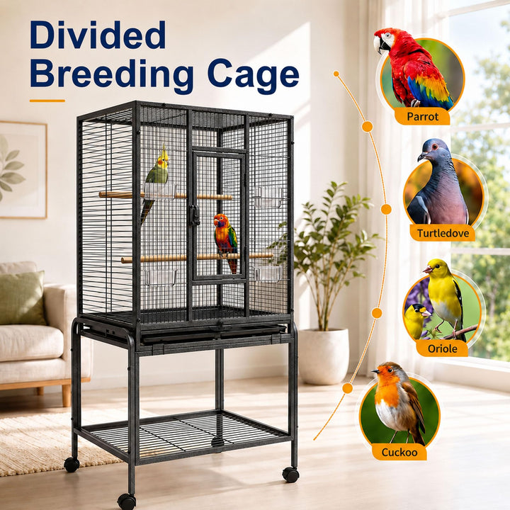 Caetine 54-Inch Bird Cage with Horizontal Wire Design, Wrought Iron Bird Flight Cage with Rolling Stand, and Slide-Out Tray Suitable for Parrot, Cockatiel, Lovebird, Finch, Pigeon.