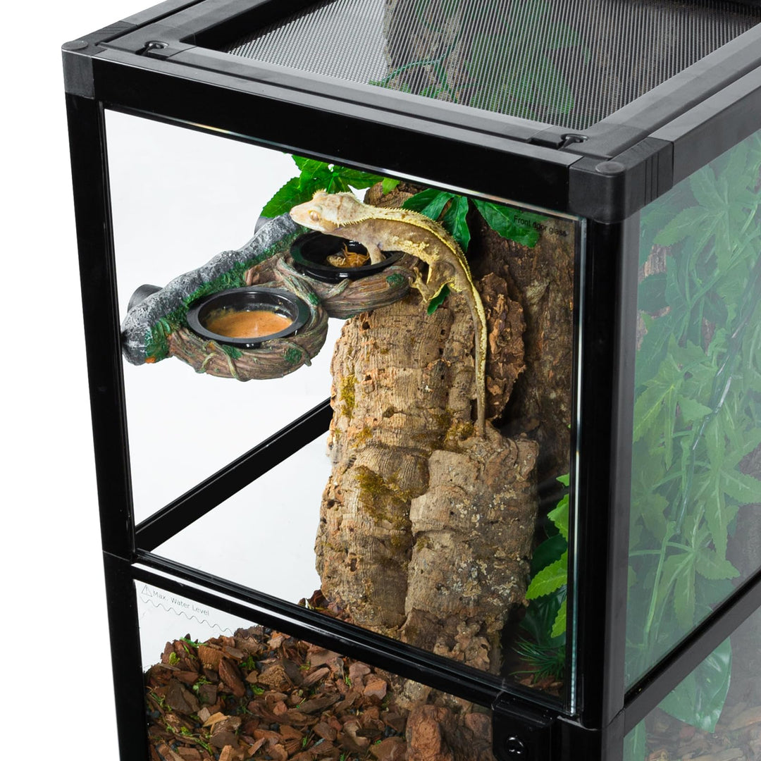 REPTI ZOO Magnetic Reptile Feeding Ledge, Gecko Feeder Ledge with 4PCS Cups, Hollow Vine Food Dish, Reptile Water Bowl for Bearded Dragon Lizard Snake Turtle, Terrarium Tank Accessories