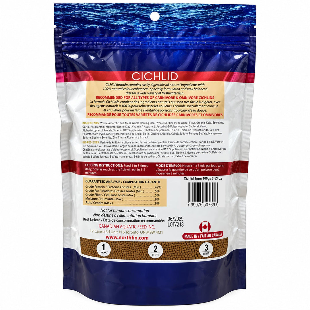 NorthFin Cichlid Fish Food, Slow-Sinking Pellets, 1mm, 100g