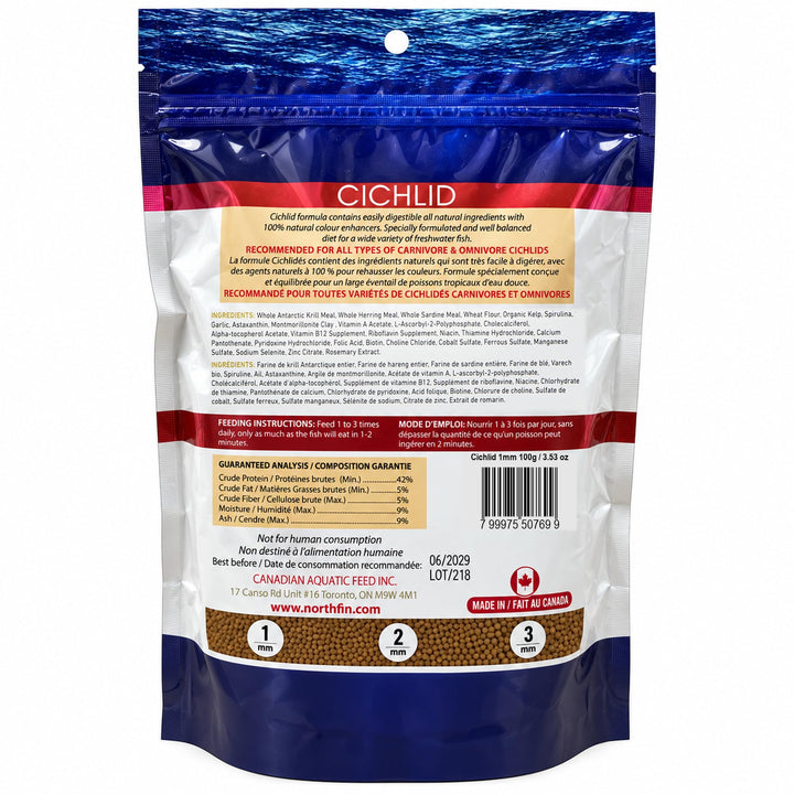 NorthFin Cichlid Fish Food, Slow-Sinking Pellets, 1mm, 100g