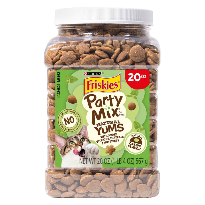 Friskies Purina Party Mix Natural YUMS Catnip Cat Treats, 20 oz Canister