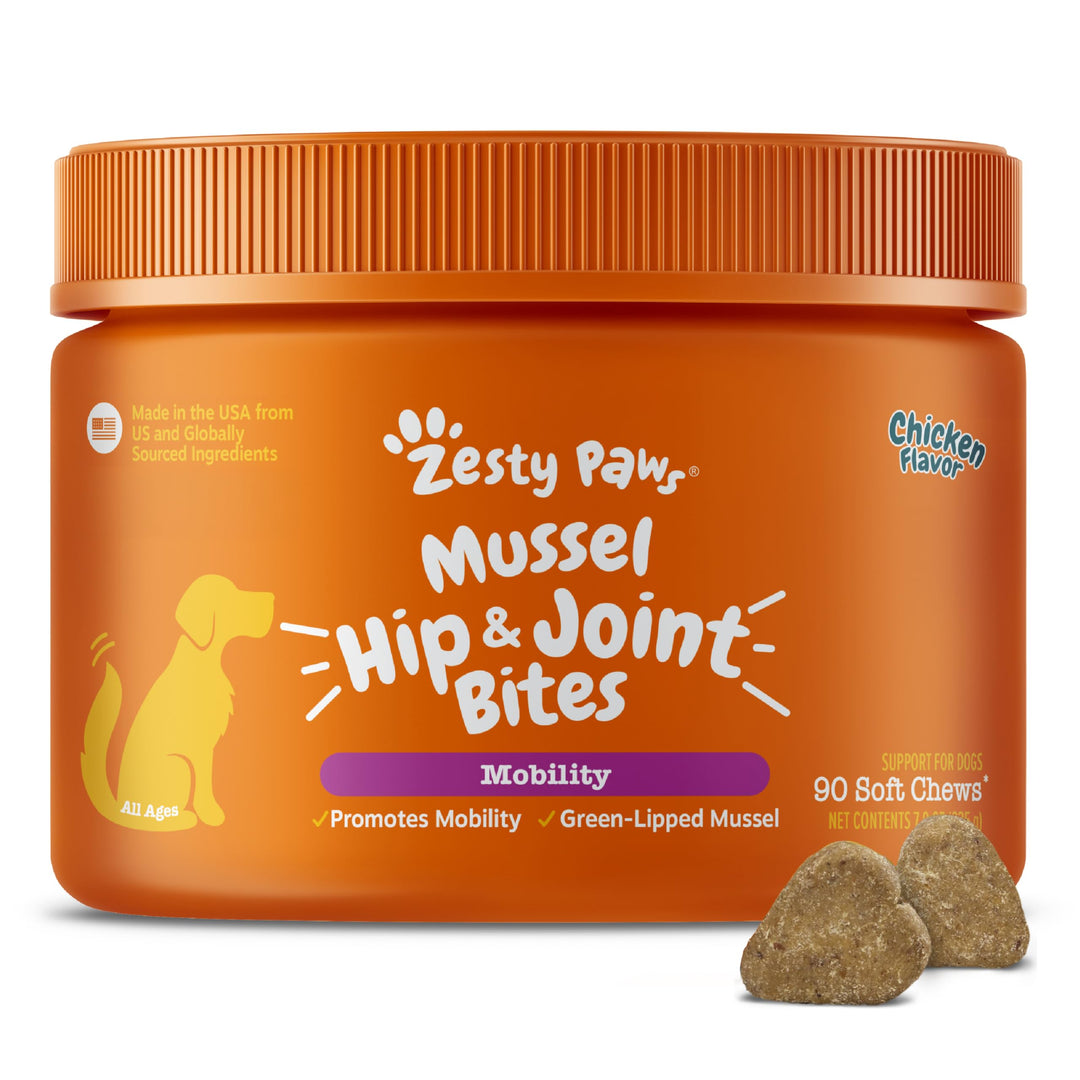 Zesty Paws Mussel Mobility Bites for Dogs - New Zealand Green Lipped Mussel with Natural Glucosamine &amp; Chondroitin + Omega-3 Fatty Acids - Hip &amp; Joint Support Supplement Soft Chews – 90 Count