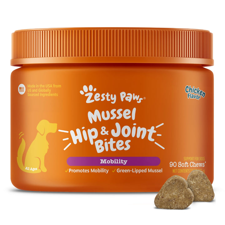 Zesty Paws Mussel Mobility Bites for Dogs - New Zealand Green Lipped Mussel with Natural Glucosamine &amp; Chondroitin + Omega-3 Fatty Acids - Hip &amp; Joint Support Supplement Soft Chews – 90 Count