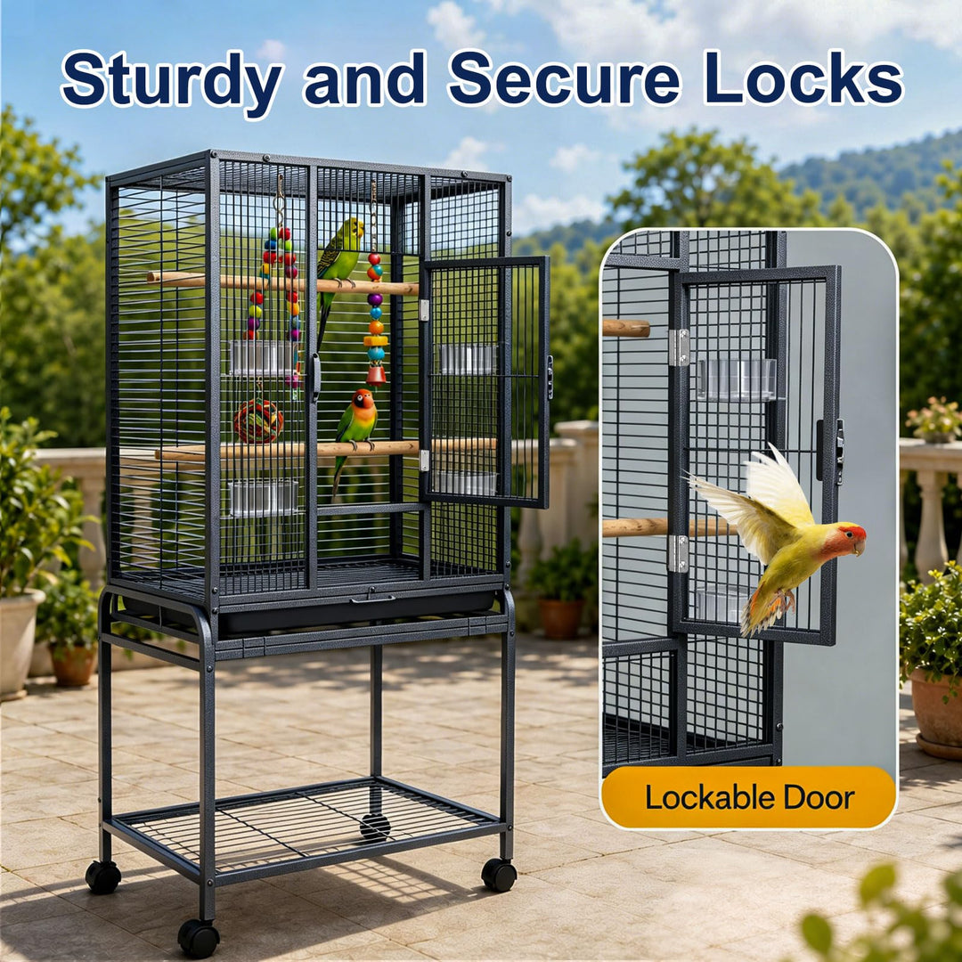 Caetine 54-Inch Bird Cage with Horizontal Wire Design, Wrought Iron Bird Flight Cage with Rolling Stand, and Slide-Out Tray Suitable for Parrot, Cockatiel, Lovebird, Finch, Pigeon.