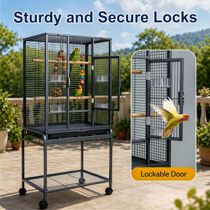 Caetine 54-Inch Bird Cage with Horizontal Wire Design, Wrought Iron Bird Flight Cage with Rolling Stand, and Slide-Out Tray Suitable for Parrot, Cockatiel, Lovebird, Finch, Pigeon.