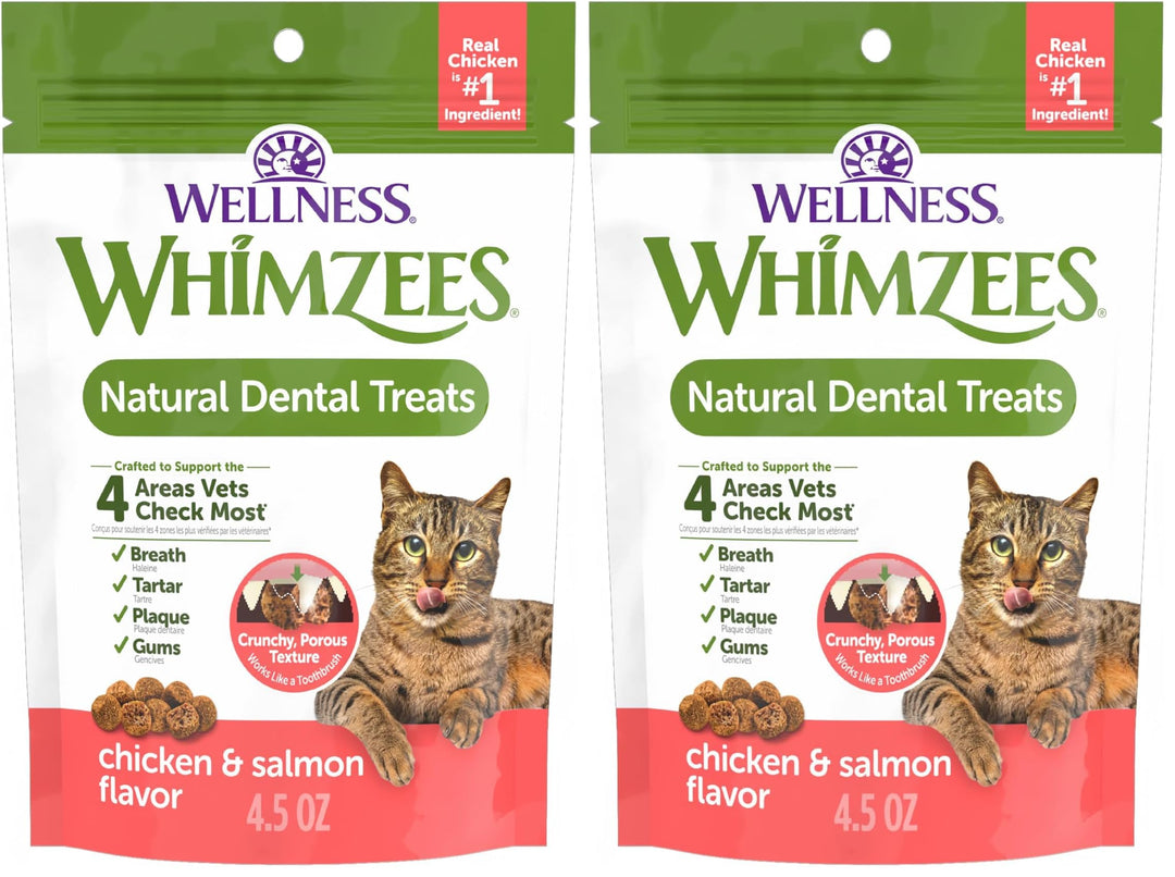 Whimzees Wellness Cat Dental Treats, Freshens Breath, Chicken and Salmon Flavor, 4.5 oz Bag (Pack of 2)