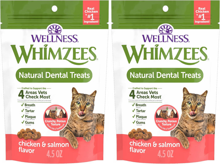 Whimzees Wellness Cat Dental Treats, Freshens Breath, Chicken and Salmon Flavor, 4.5 oz Bag (Pack of 2)