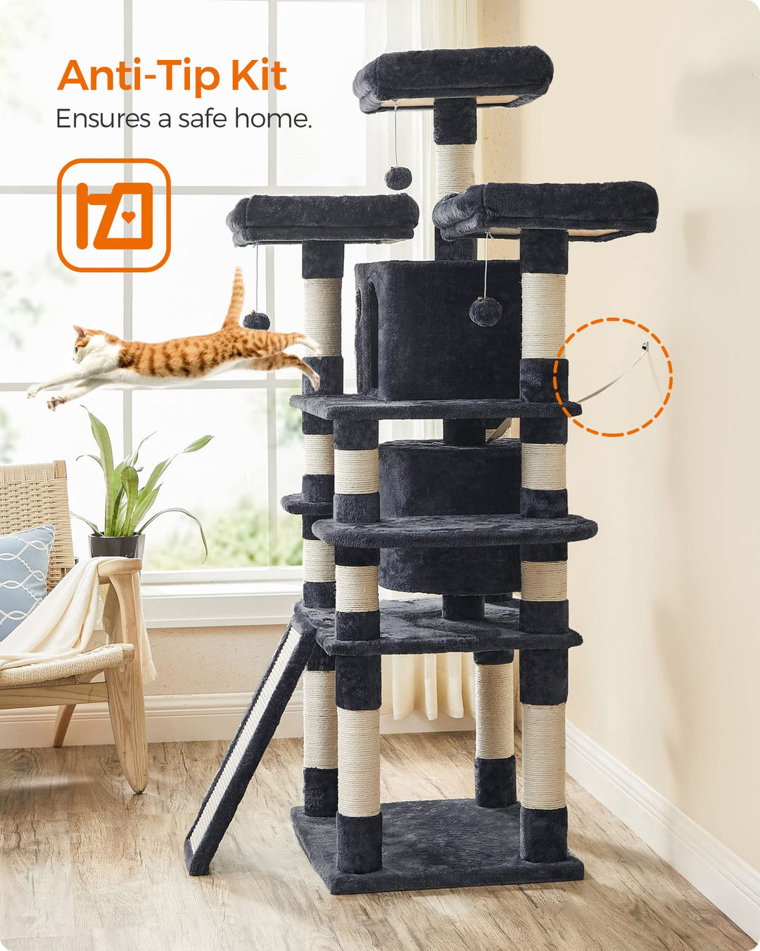 Feandrea 67.7-Inch Multi-Level Cat Tree for Large Cats, with Cozy Perches
