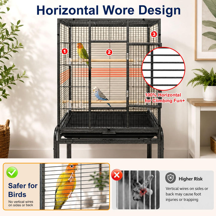 Caetine 54-Inch Bird Cage with Horizontal Wire Design, Wrought Iron Bird Flight Cage with Rolling Stand, and Slide-Out Tray Suitable for Parrot, Cockatiel, Lovebird, Finch, Pigeon.