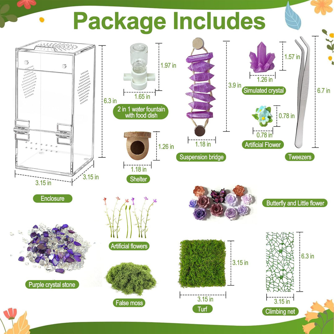 Jumping Spider Enclosure,DIY Insects Habitat,Small Reptile Terrarium Glass House Accessories Set,with Jumping Bridge Hide Water Feeder (Purple)