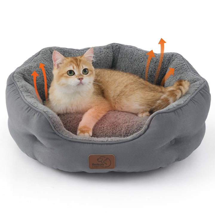 Bedsure Self Warming Cat Bed,Round Washable Small Dog Bed, 20In Grey