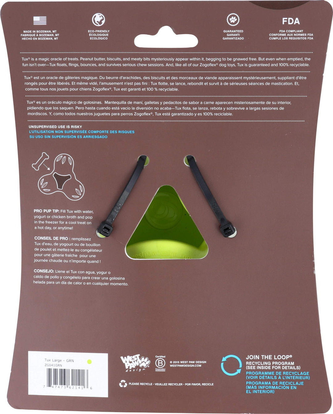 WEST PAW Zogoflex Tux Treat Dispensing Dog Chew Toy – Interactive Chewing Toy for Dogs – Dog Games for Aggressive Chewers, Fetch, Catch – Holds Kibble, Treats, Large 5", Granny Smith