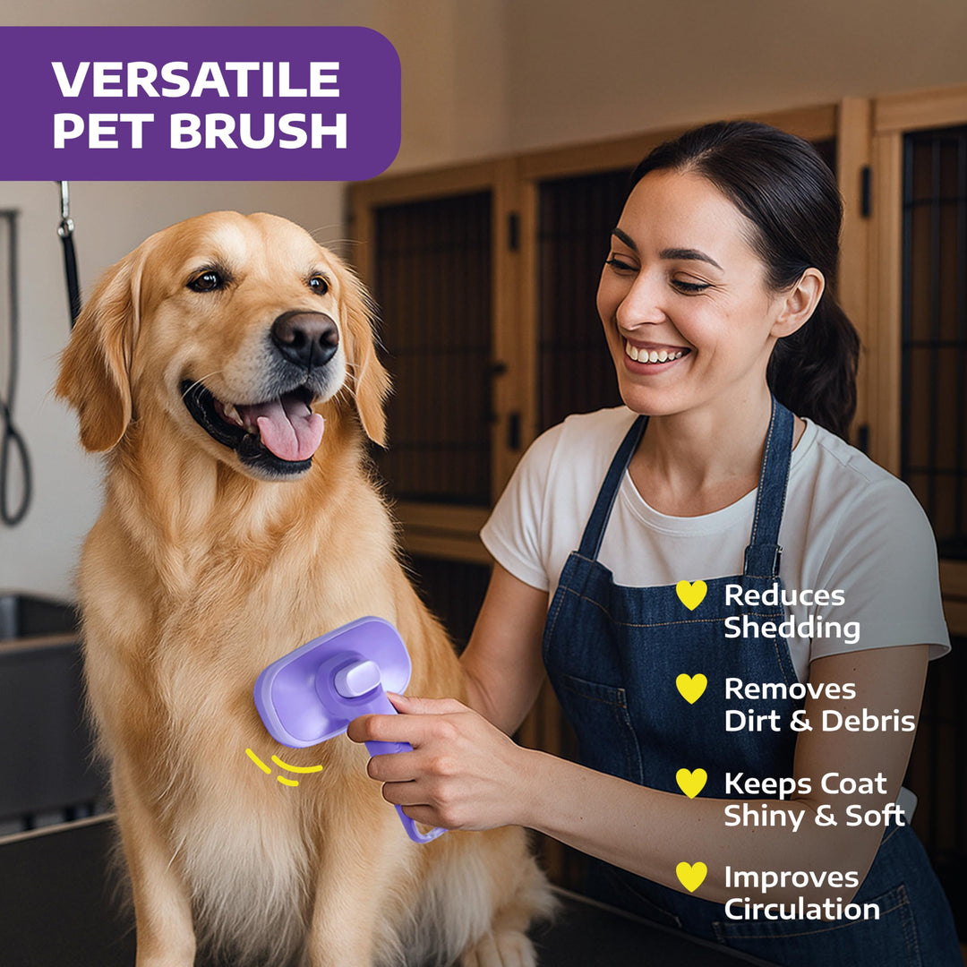 Hertzko Self Cleaning Slicker Brush for Dogs and Cats - Pet Hair Brush for Shedding Long and Short Hair - Easy Clean Retractable Bristles - Cat and Dog Grooming Tool - Purple
