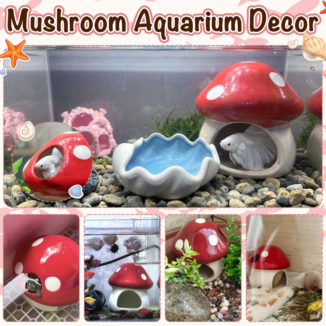 Aquarium Decor Betta Fish Tank Accessories, Cute Ceramic Mushroom House