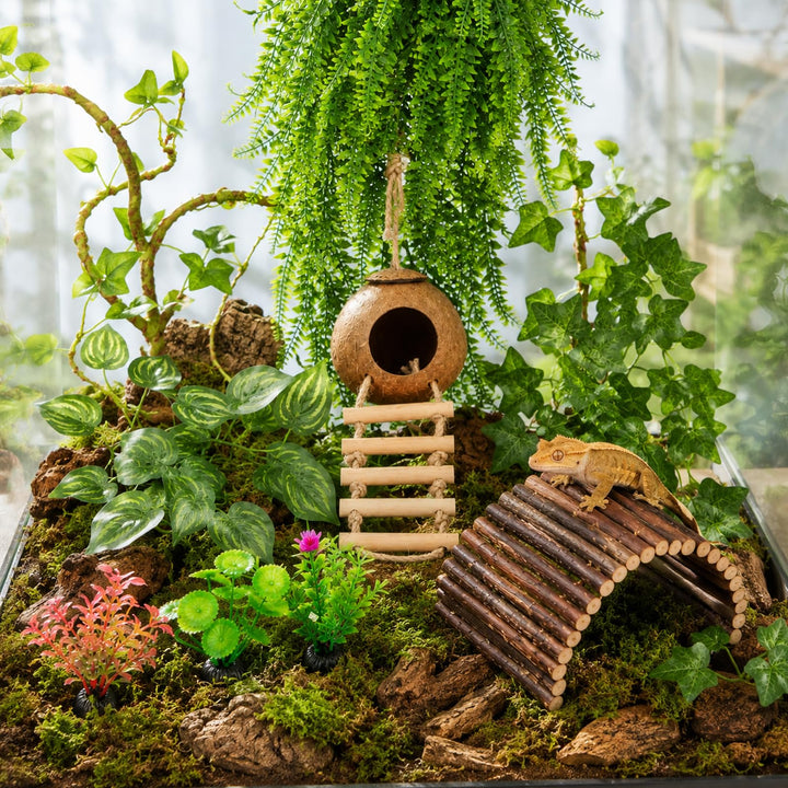 RUNANIA Crested Gecko Tank Accessories，Reptile Vines Plants with Coconut Shell Ladder Hideout Hermit Crab Decor for Leopard Gecko Lizard Chameleon Tortoise Snake Terrarium Decor