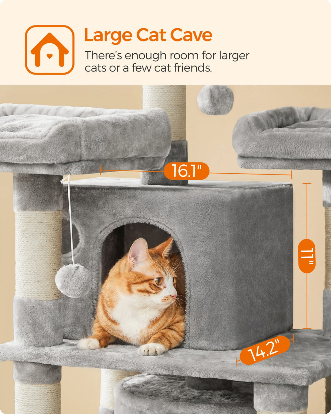 Feandrea 67.7-Inch Multi-Level Cat Tree for Large Cats, with Cozy Perches