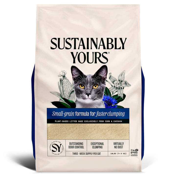 Sustainably Yours Natural Cat Litter, Small-Grain Formula, Exceptional Clumping &amp; Odor Control, Virtually No Dust, Soft on Paws, Corn &amp; Cassava Plant-Based, Unscented, 10 lbs