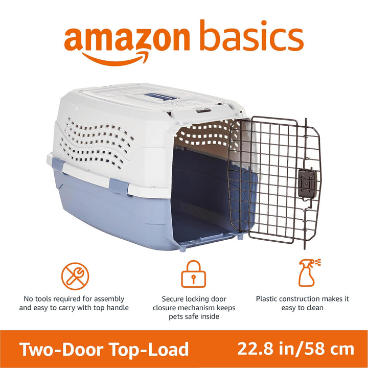 Amazon Basics Sturdy Portable 2-Door Top-Load Hard-Sided Pet Travel Carrier with Secure Ventilation, Handle, Front &amp; Top Entry for Dogs, Cats, 22.8"L x 15"W x 13"H, Gray &amp; Blue