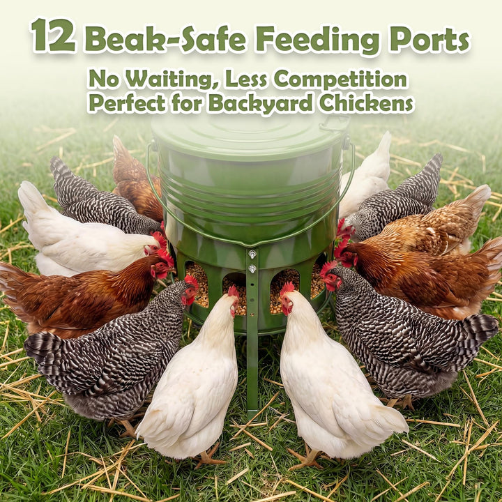 Metal Chicken Feeder No Waste - 20LB Large Chicken Feeder with 12 Ports &amp; 4 Adjustable Heights Tripod Stand, Automatic Hanging Poultry Feeder, Rainproof for Backyard Chickens &amp; Small Flocks