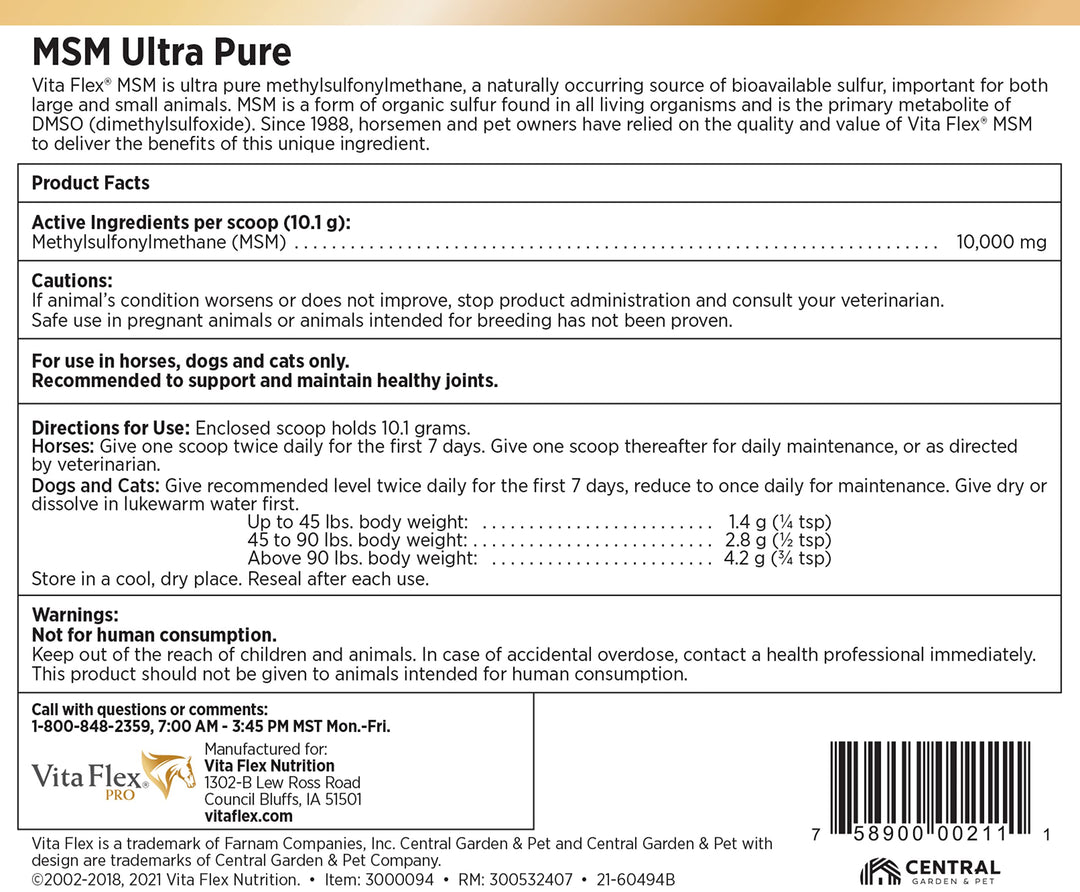 Vita Flex Ultra Pure Joint Supplement for Dogs, Horses &amp; Cats, 10 Pounds – MSM Supplement, Equine MSM Powder for Healthy Joints, Collagen &amp; Mobility Support, Odorless White Powder
