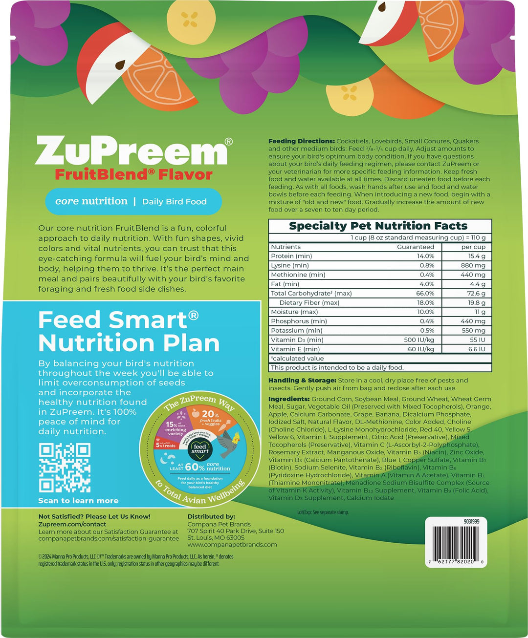 ZuPreem FruitBlend Cockatiel Pellets, Medium Bird Food, 2 lb, Pack of 2