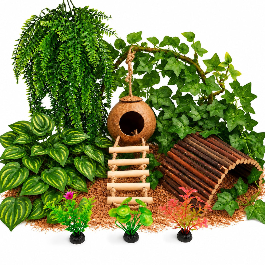 RUNANIA Crested Gecko Tank Accessories，Reptile Vines Plants with Coconut Shell Ladder Hideout Hermit Crab Decor for Leopard Gecko Lizard Chameleon Tortoise Snake Terrarium Decor