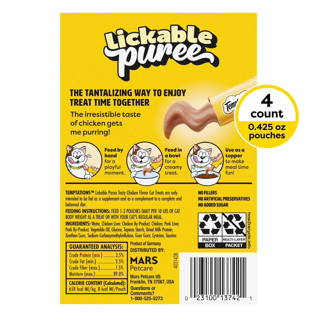 Temptations Creamy Puree Lickable Cat Treats, Chicken, 4 Count, 11 Pack