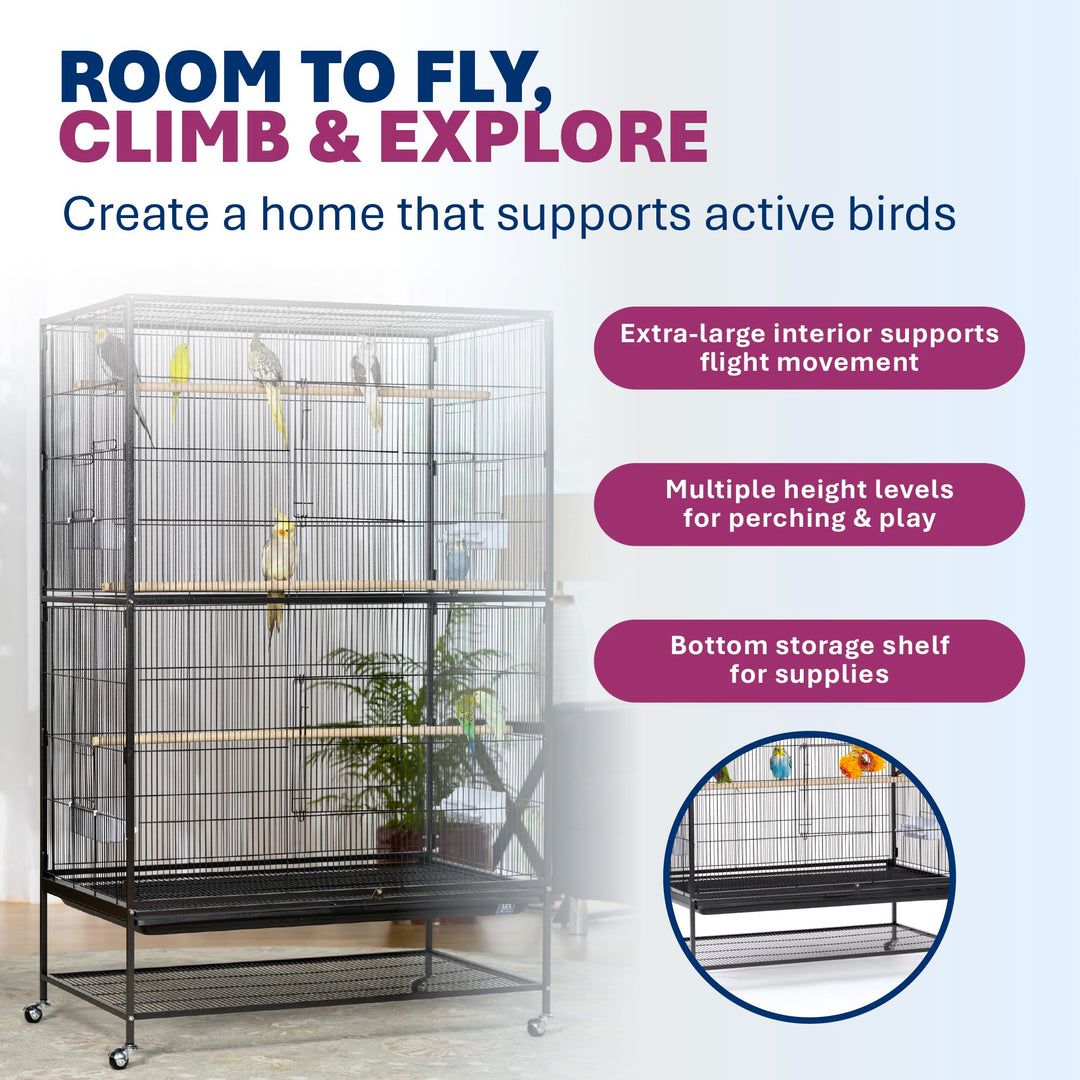 Prevue Hendryx Pet Products Wrought Iron Flight Cage - Big Rolling Bird Cage for Parakeets, Cockatiels, Conures, Lovebirds, Canaries, Finches, Parrotlets, &amp; Caiques, 5 Ft - X-Large, Hammertone Black