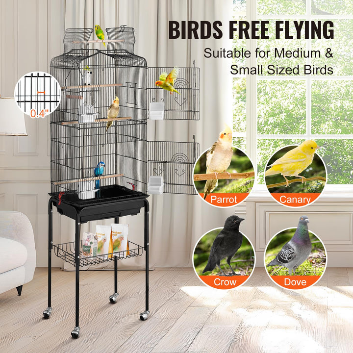 VEVOR 64-inch Open Top Large Parrot Bird Cage with Detachable Rolling Stand for Parakeets Finches Canaries Lovebirds Cockatiels Budgies Small Quaker Conures Flight Birdcage with Swing and Perch