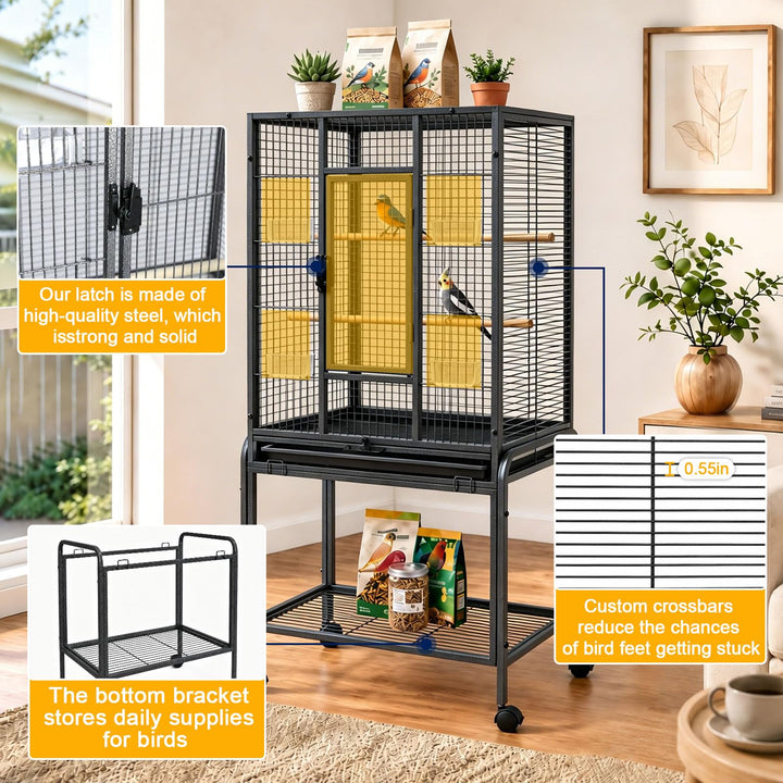 Caetine 54-Inch Bird Cage with Horizontal Wire Design, Wrought Iron Bird Flight Cage with Rolling Stand, and Slide-Out Tray Suitable for Parrot, Cockatiel, Lovebird, Finch, Pigeon.