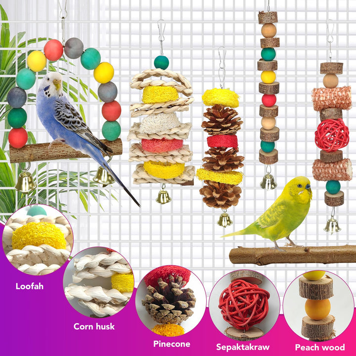 JOREWOOD 7 Pcs Natural Wood Bird Toy &amp; Perch for Parakeets, Cockatiel &amp; Lovebird, Budgie Play Accessory for Small Parrots Indoor Cage