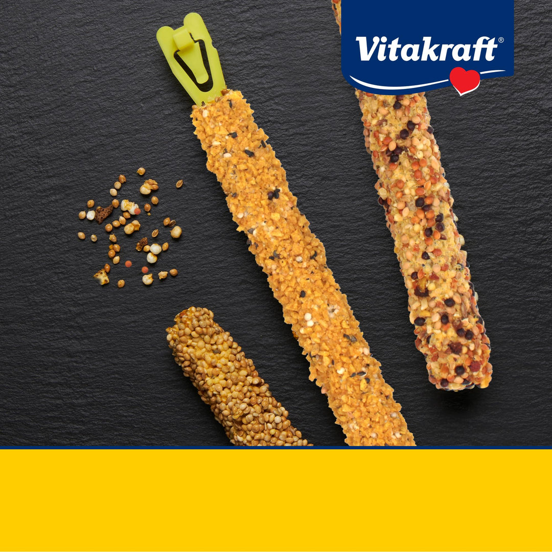Vitakraft Crunch Sticks Parakeet Treat - Triple-Baked Millet Parakeet Treats with Natural Wood Center - Crunchy &amp; Nutritious Bird Treat Sticks for Small Animals (12 Count, Honey, Egg, and Apple)