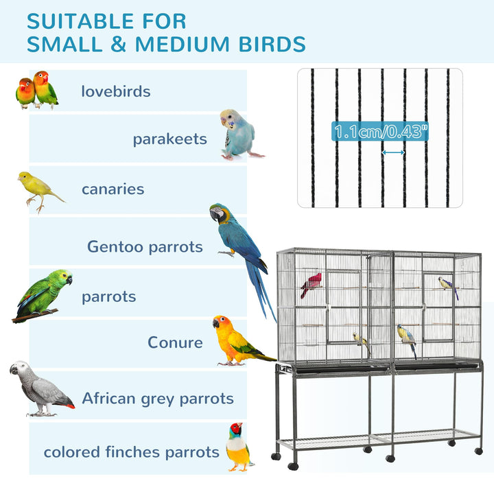 PawHut 65" Double Rolling Metal Bird Cage with Divider, Large Parrot Cage for Parakeet, Canaries, Lovebirds, Budgie, Finch, with Detachable Rolling Stand, Storage Shelf, Wood Perch &amp; Food Container
