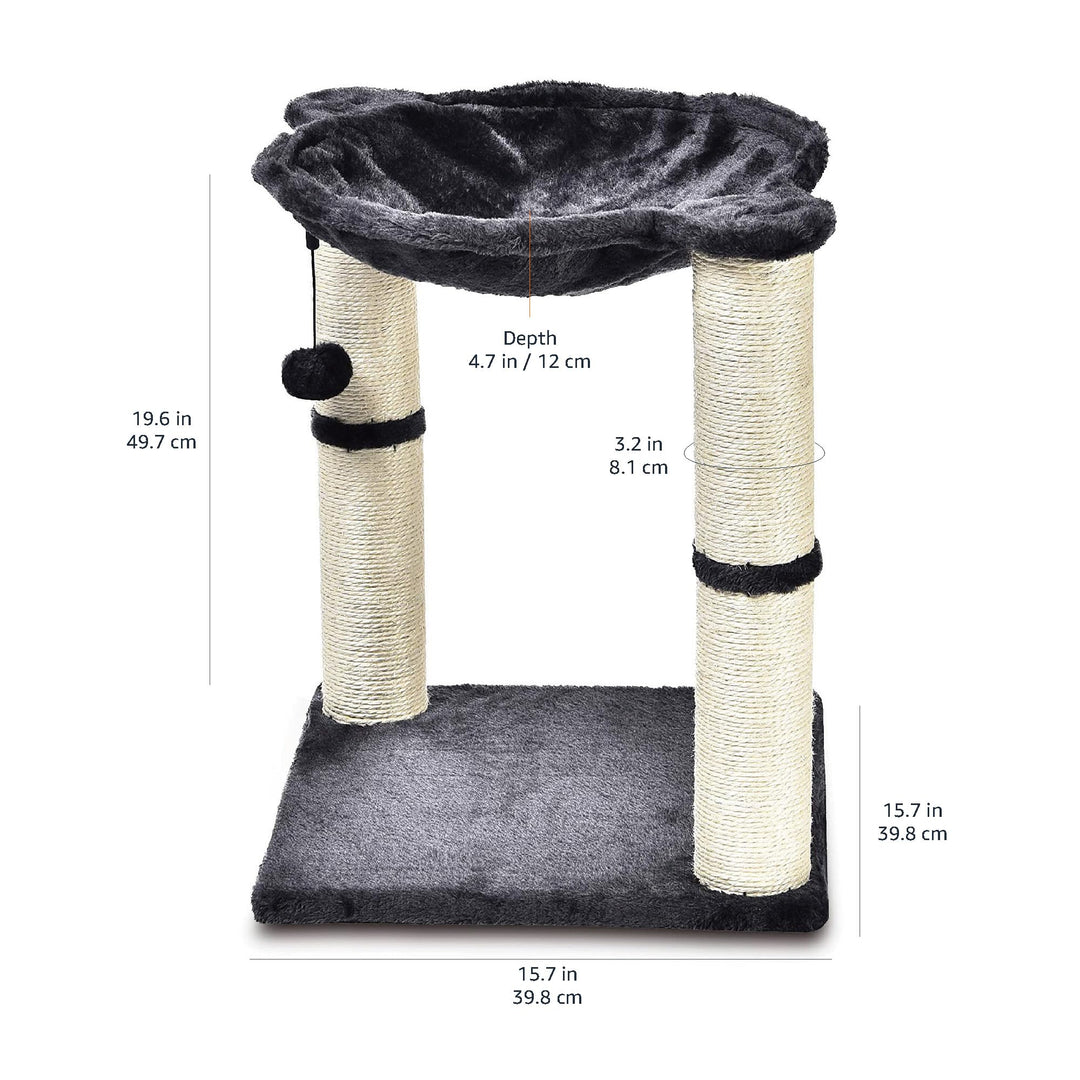 Amazon Basics Sturdy Cat Condo Tower with Hammock Bed and Scratching Posts, Interactive Hanging Ball Toy for Indoor Cats, 15.8" x 15.8" x 19.7", Gray