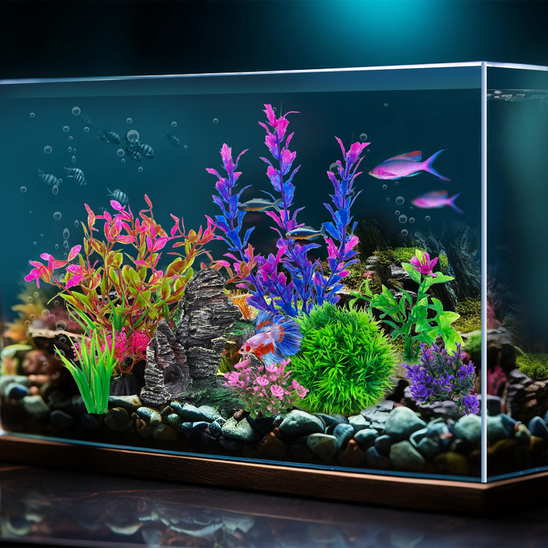 Ameliade Aquarium Artificial Plants &amp; Rock Cave Betta Fish Tank Decor Set