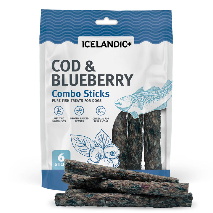 Icelandic+ 6 Count Cod &amp; Blueberry Combo Sticks - Crunchy Dog Treats