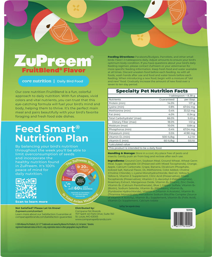 ZuPreem FruitBlend Parakeet &amp; Budgie Food, Uniform Bird Food, Small, 2 lb