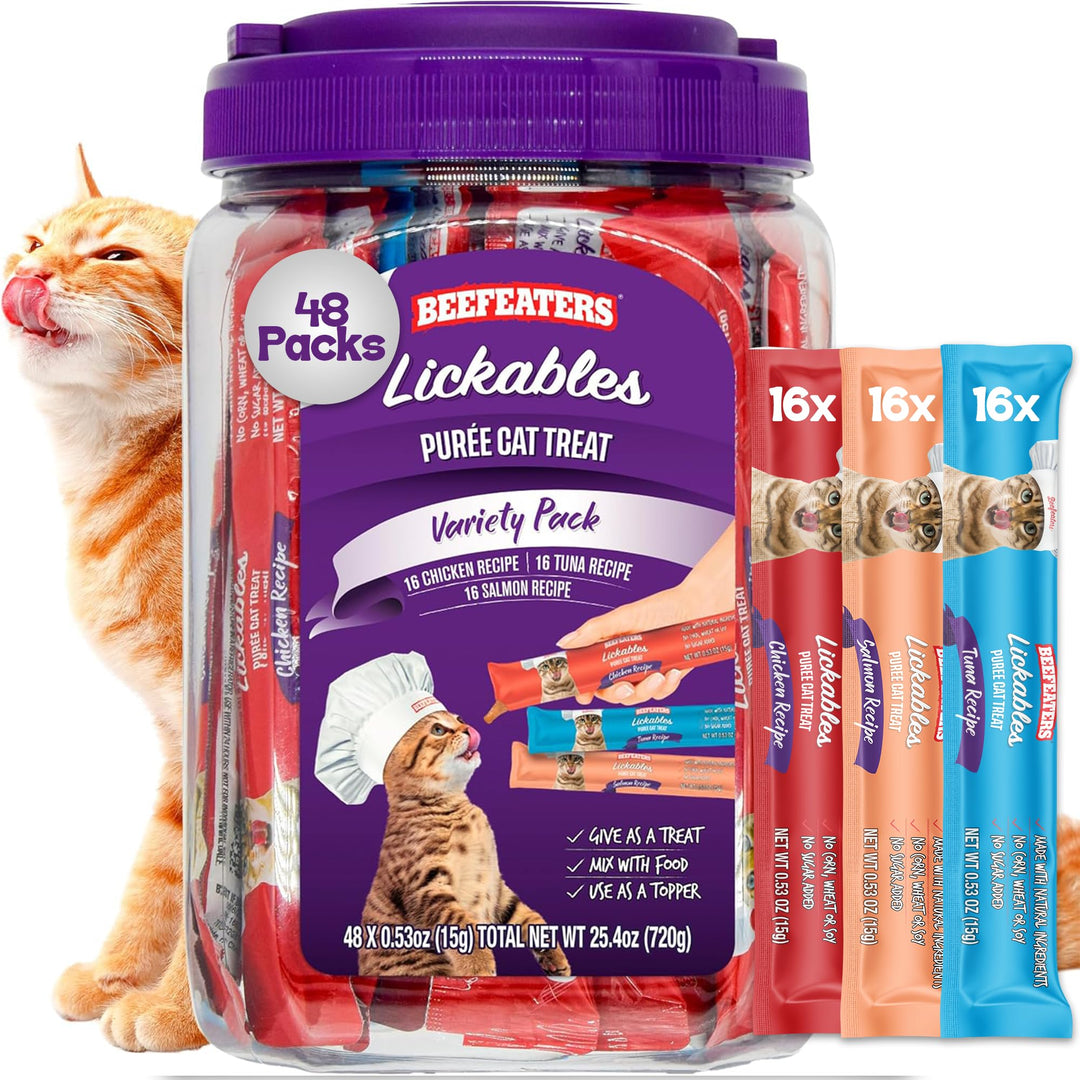 Beefeaters Lickable Cat Treats 48 Count – Puree Squeeze Up Tubes Variety Pack (Salmon, Tuna &amp; Chicken) | Grain Free, Taurine Enriched, High Moisture for Picky Eaters | Cat Treat Topper or Snack