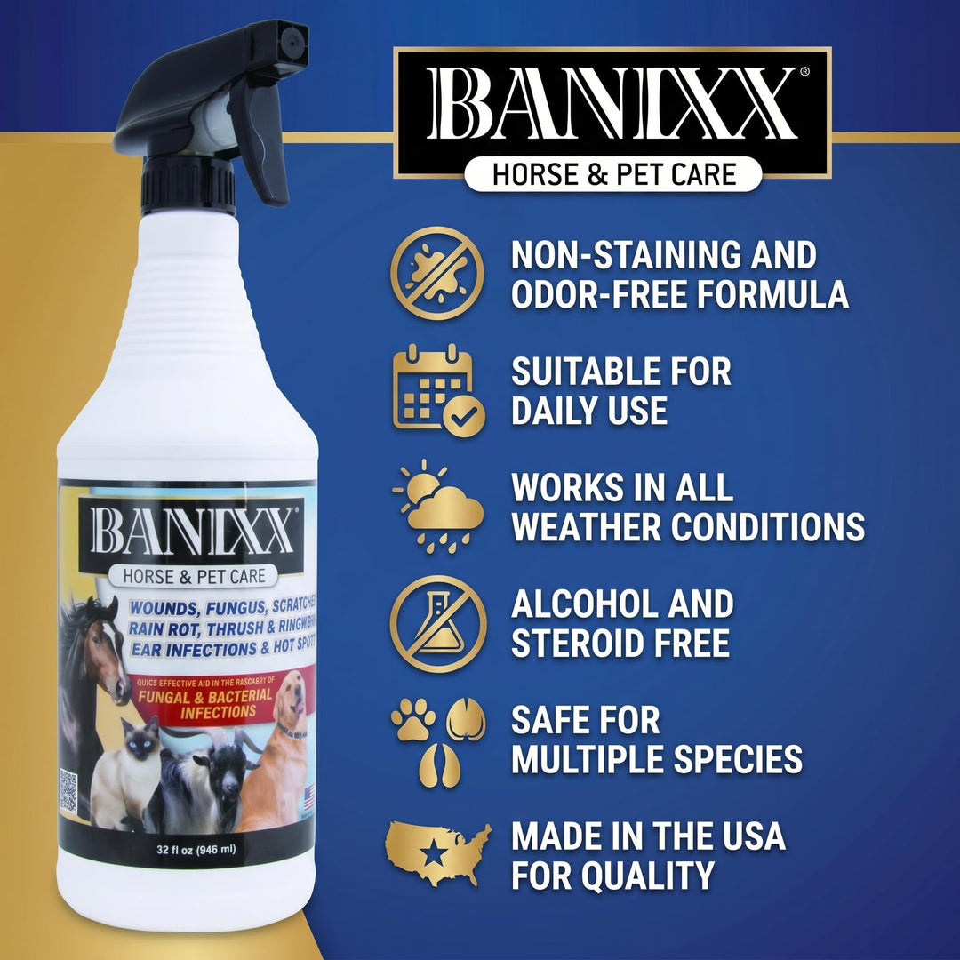BANIXX Horse and Pet Care Spray for Horses, Dogs and Cats, Daily Skin and Coat Care Spray, Alcohol-Free, Non-Staining, No Odor, Made in USA, Grooming and Hoof Care Formula, 32 oz