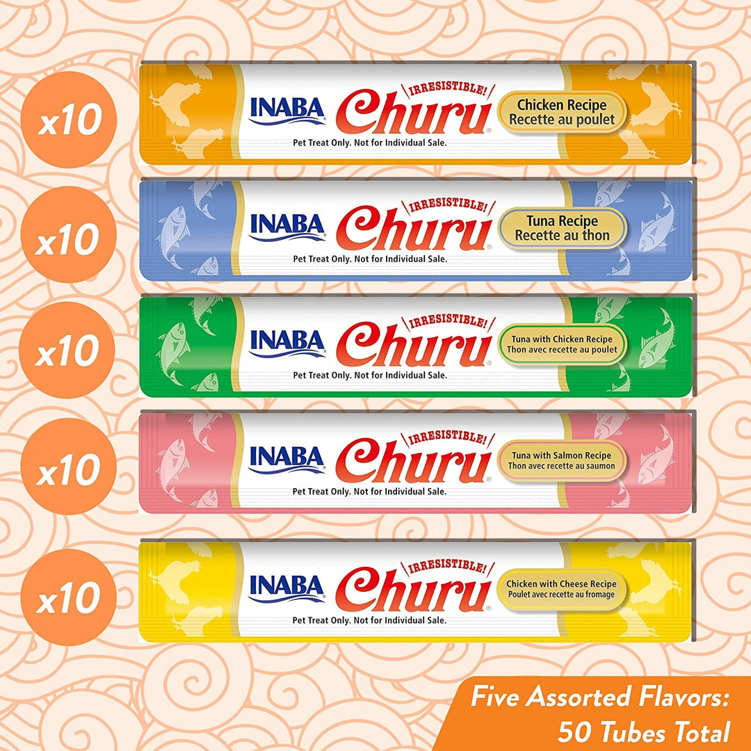 INABA Churu Cat Treats, Grain-Free, Lickable, Squeezable Creamy Purée Cat Treat/Topper with Vitamin E &amp; Taurine, 0.5 Ounces Each Tube, 50 Tubes, Tuna &amp; Chicken Variety