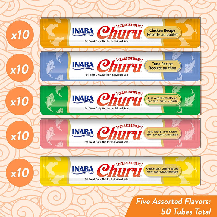 INABA Churu Cat Treats, Grain-Free, Lickable, Squeezable Creamy Purée Cat Treat/Topper with Vitamin E &amp; Taurine, 0.5 Ounces Each Tube, 50 Tubes, Tuna &amp; Chicken Variety