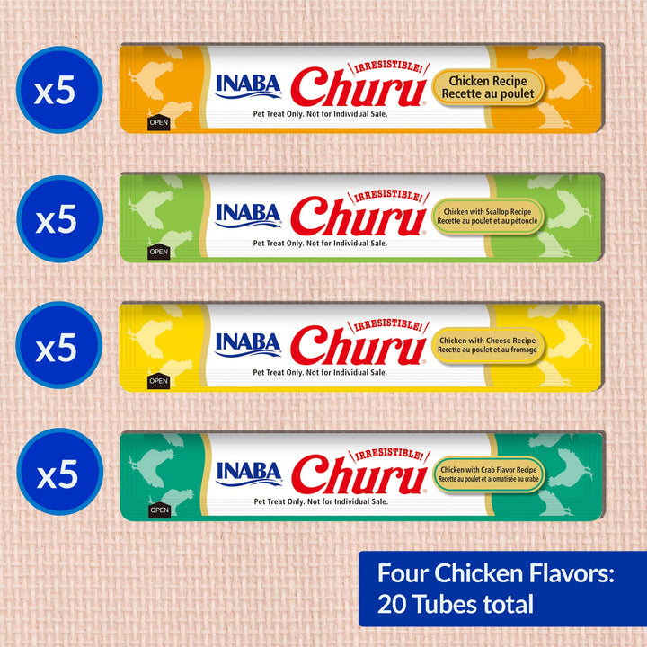 INABA Churu Cat Treats, Lickable, Squeezable Creamy Purée Cat Treat with Green Tea Extract &amp; Taurine, 0.5 Ounces Each Tube, 20 Tubes, Chicken Variety Box