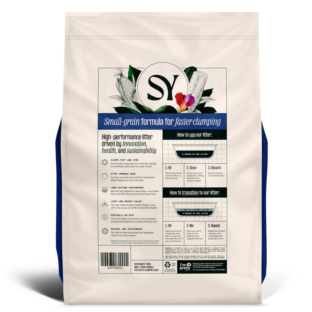 Sustainably Yours Natural Cat Litter, Small-Grain Formula, Exceptional Clumping &amp; Odor Control, Virtually No Dust, Soft on Paws, Corn &amp; Cassava Plant-Based, Unscented, 10 lbs