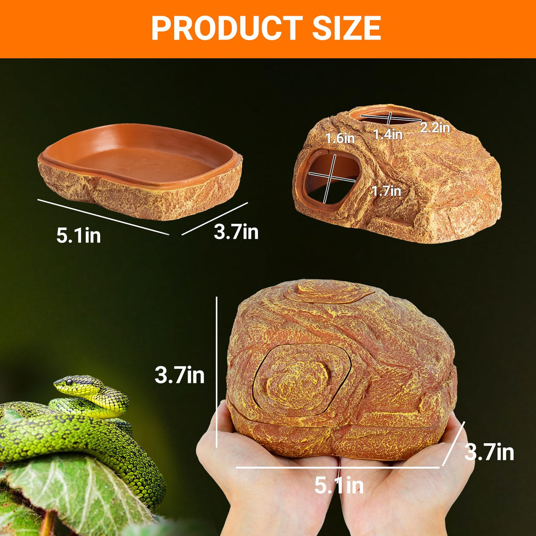 REPTI ZOO Gecko Hide Cave, 2 in 1 Snake Reptile Hideout for Hide &amp; Rest &amp; Breed &amp; Feeding, Reptile &amp; Amphibian Habitat Decor for Corn Snake, Small Snake, Ball Python, Crested Gecko, Leopard Gecko