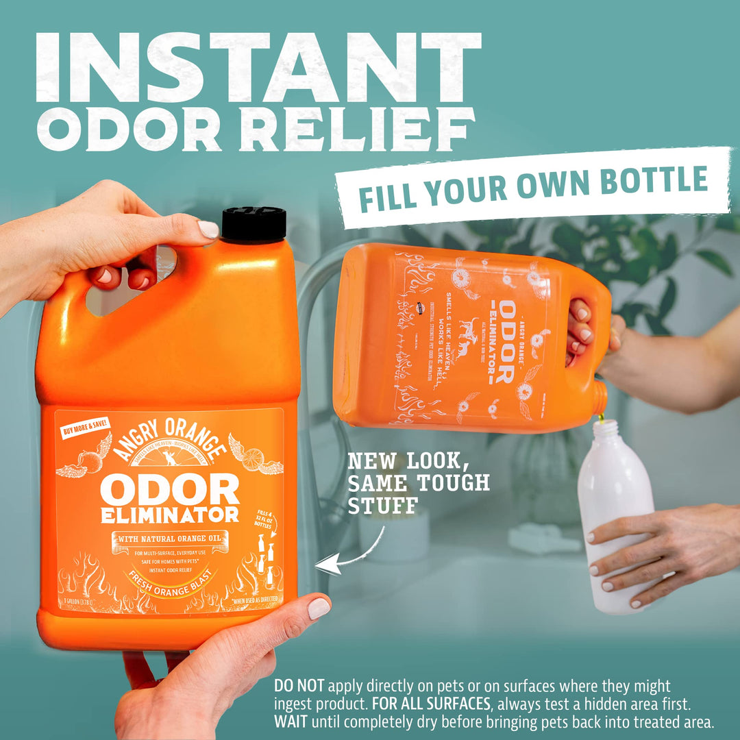 ANGRY ORANGE Pet Odor Eliminator – Citrus Concentrate (8 oz, Makes 128 oz) + 1 Gallon Cleaner for Dog and Cat Urine, Stains, and Odors